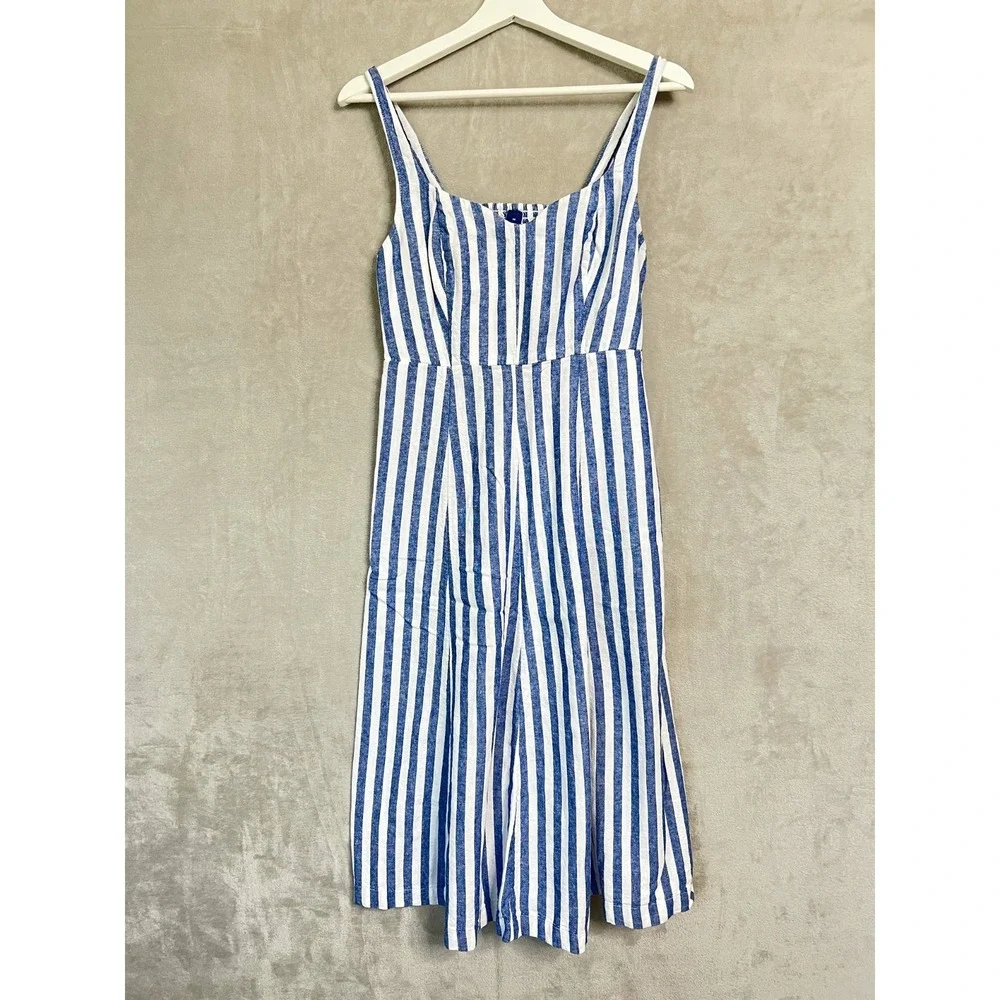 Old Navy Womens M Linen Blend Dress Pockets Blue White Stripe Nautical Bohochic - Picture 1 of 9